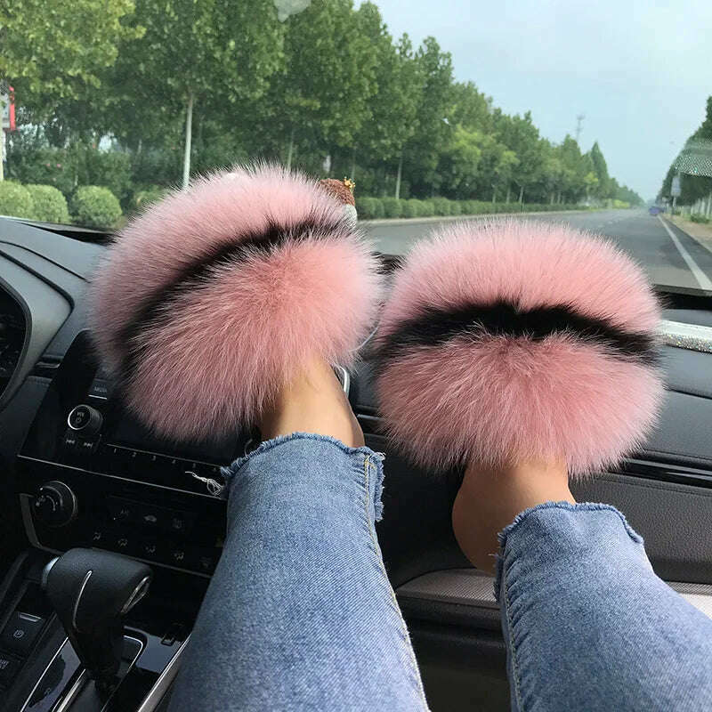 Fox Fur Slippers Women Summer Furry Home Outdoor Flat Sandals Casual Boys Raccoon Slides High Quality Luxury Flip Flops Shoes - KIMLUD