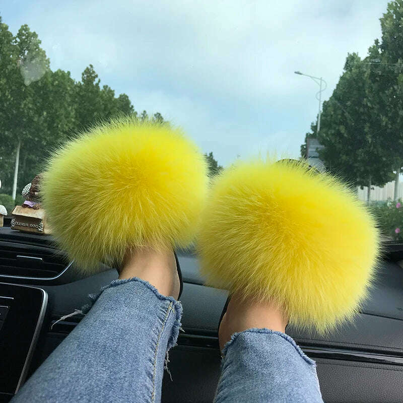 Fox Fur Slippers Women Summer Furry Home Outdoor Flat Sandals Casual Boys Raccoon Slides High Quality Luxury Flip Flops Shoes - KIMLUD