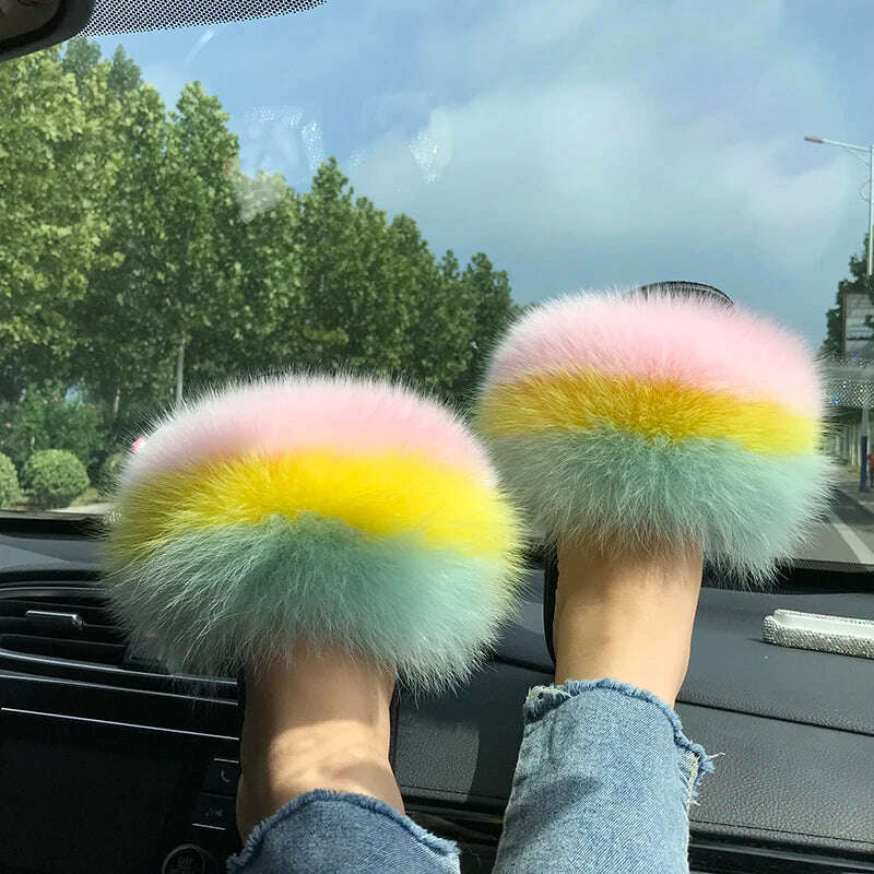 Fox Fur Slippers Women Summer Furry Home Outdoor Flat Sandals Casual Boys Raccoon Slides High Quality Luxury Flip Flops Shoes - KIMLUD