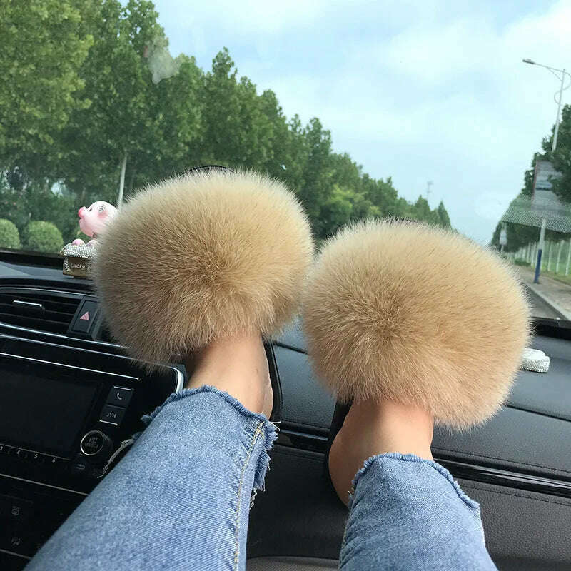 Fox Fur Slippers Women Summer Furry Home Outdoor Flat Sandals Casual Boys Raccoon Slides High Quality Luxury Flip Flops Shoes - KIMLUD