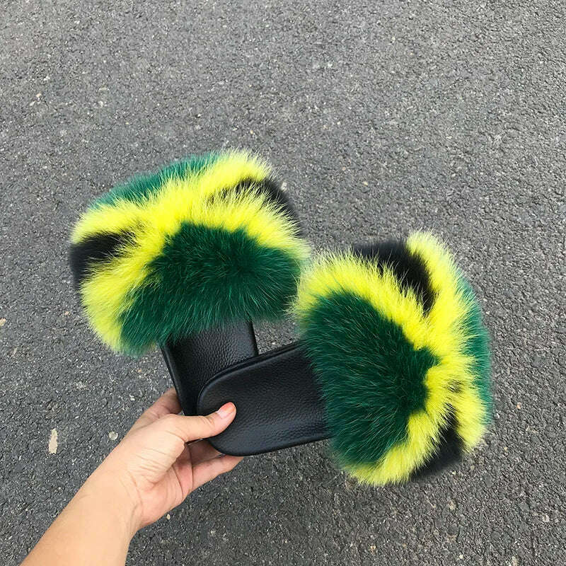 Fox Fur Slippers Women Summer Furry Home Outdoor Flat Sandals Casual Boys Raccoon Slides High Quality Luxury Flip Flops Shoes - KIMLUD