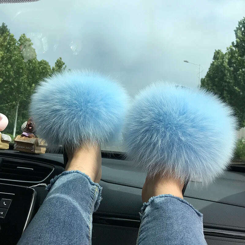 Fox Fur Slippers Women Summer Furry Home Outdoor Flat Sandals Casual Boys Raccoon Slides High Quality Luxury Flip Flops Shoes - KIMLUD