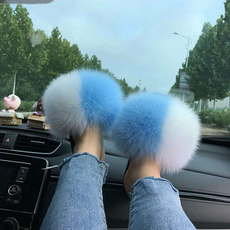 Fox Fur Slippers Women Summer Furry Home Outdoor Flat Sandals Casual Boys Raccoon Slides High Quality Luxury Flip Flops Shoes - KIMLUD