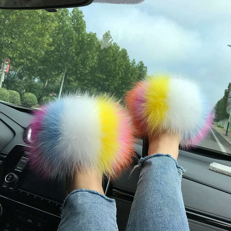 Fox Fur Slippers Women Summer Furry Home Outdoor Flat Sandals Casual Boys Raccoon Slides High Quality Luxury Flip Flops Shoes - KIMLUD