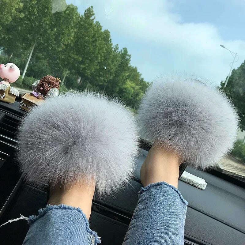 Fox Fur Slippers Women Summer Furry Home Outdoor Flat Sandals Casual Boys Raccoon Slides High Quality Luxury Flip Flops Shoes - KIMLUD