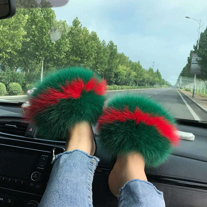Fox Fur Slippers Women Summer Furry Home Outdoor Flat Sandals Casual Boys Raccoon Slides High Quality Luxury Flip Flops Shoes - KIMLUD