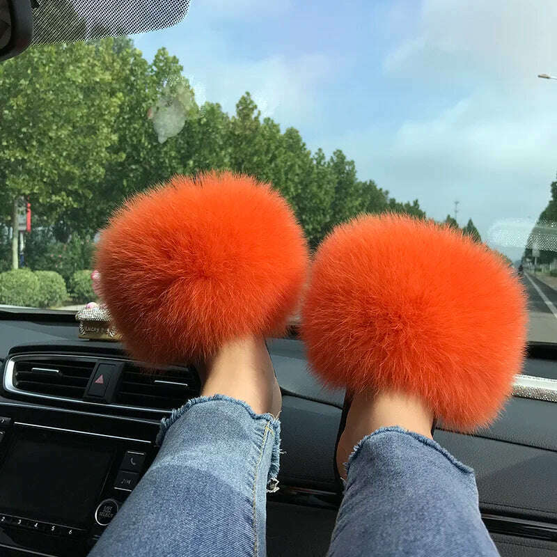 Fox Fur Slippers Women Summer Furry Home Outdoor Flat Sandals Casual Boys Raccoon Slides High Quality Luxury Flip Flops Shoes - KIMLUD