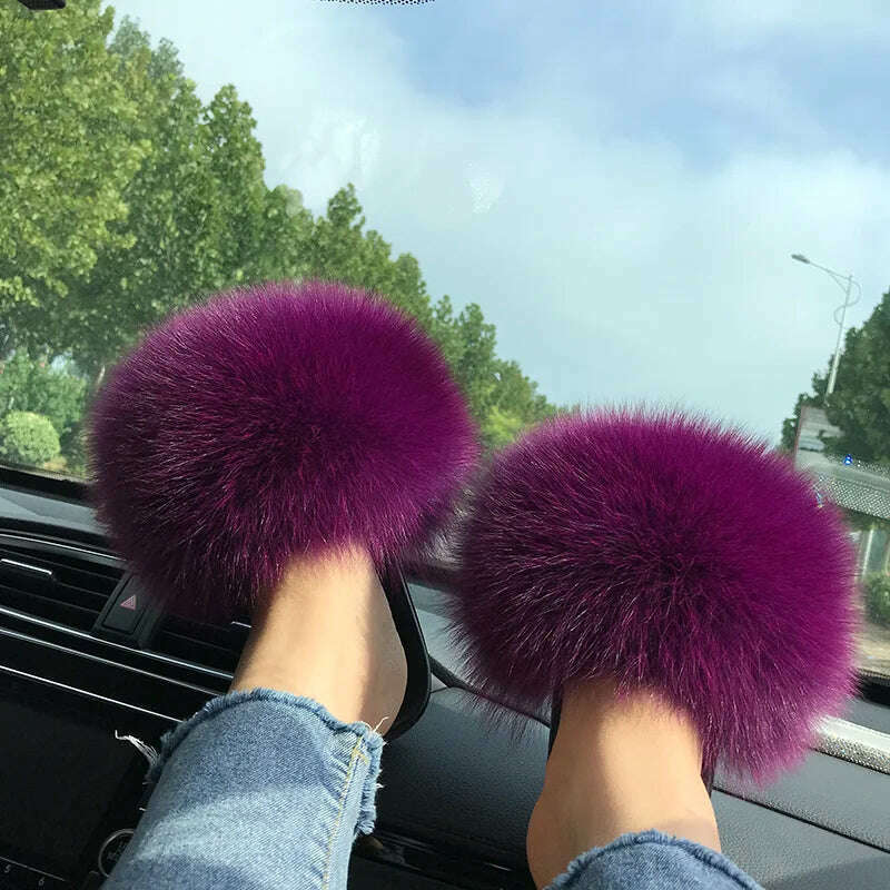 Fox Fur Slippers Women Summer Furry Home Outdoor Flat Sandals Casual Boys Raccoon Slides High Quality Luxury Flip Flops Shoes - KIMLUD