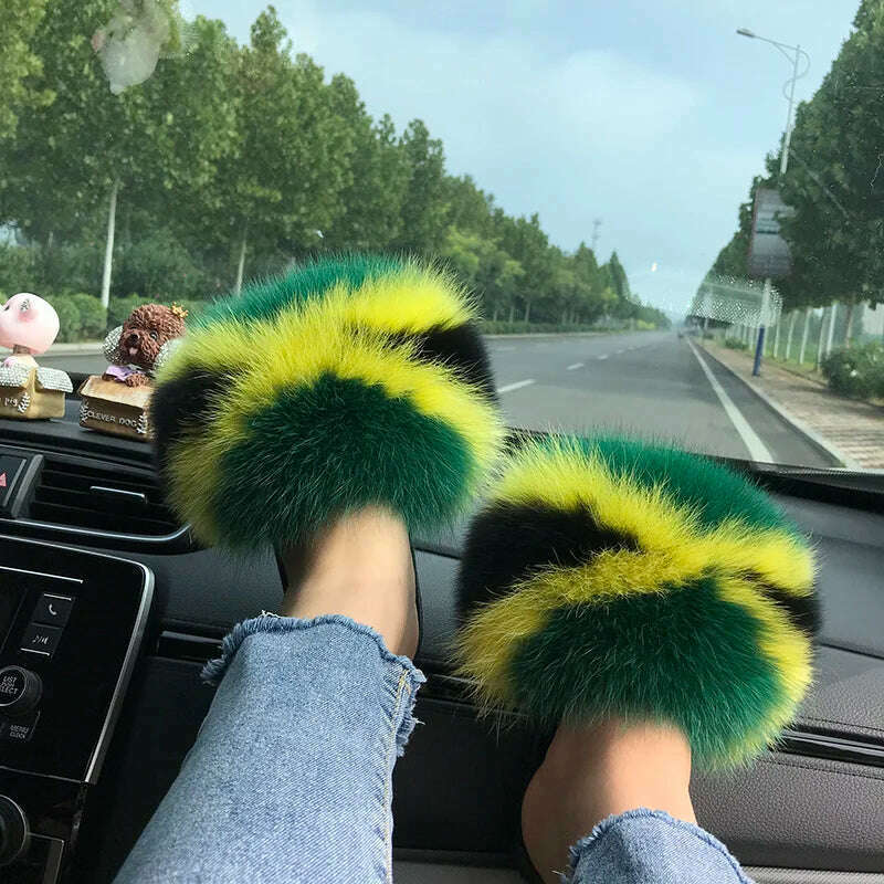 Fox Fur Slippers Women Summer Furry Home Outdoor Flat Sandals Casual Boys Raccoon Slides High Quality Luxury Flip Flops Shoes - KIMLUD