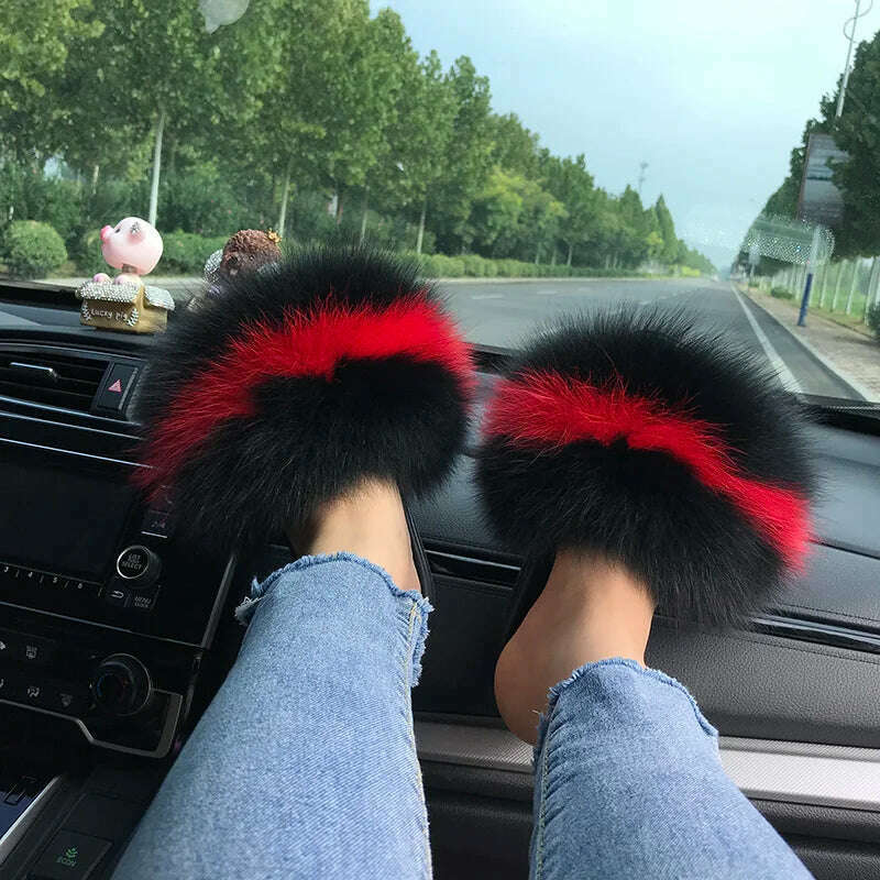 Fox Fur Slippers Women Summer Furry Home Outdoor Flat Sandals Casual Boys Raccoon Slides High Quality Luxury Flip Flops Shoes - KIMLUD