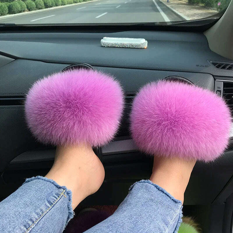Fox Fur Slippers Women Summer Furry Home Outdoor Flat Sandals Casual Boys Raccoon Slides High Quality Luxury Flip Flops Shoes - KIMLUD