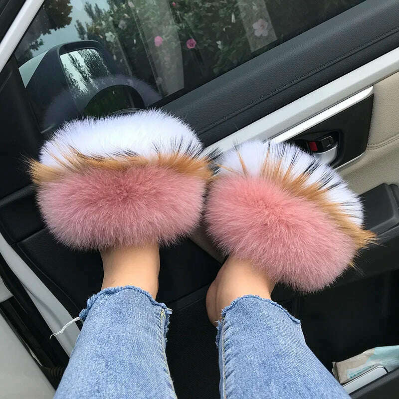 Fox Fur Slippers Women Summer Furry Home Outdoor Flat Sandals Casual Boys Raccoon Slides High Quality Luxury Flip Flops Shoes - KIMLUD