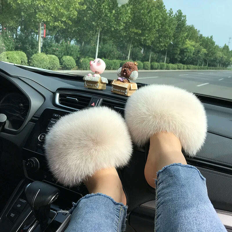 Fox Fur Slippers Women Summer Furry Home Outdoor Flat Sandals Casual Boys Raccoon Slides High Quality Luxury Flip Flops Shoes - KIMLUD