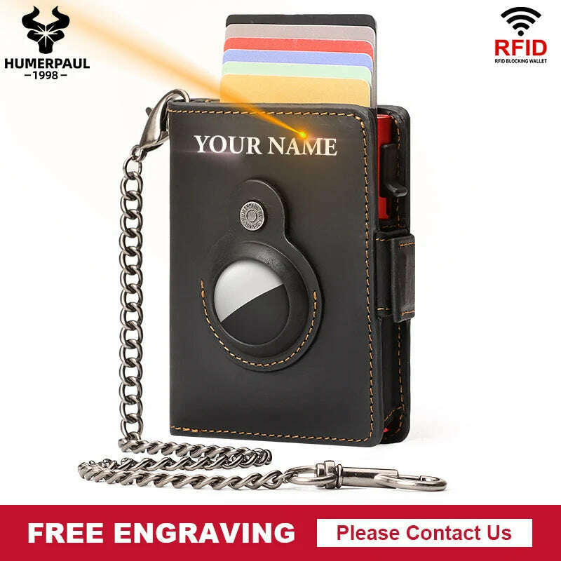 Free Engraving Pop-up Card Holder Genuine Leather Wallets RFID Blocking Metal Cardholder Coin Purse with Apple AirTag Case - KIMLUD