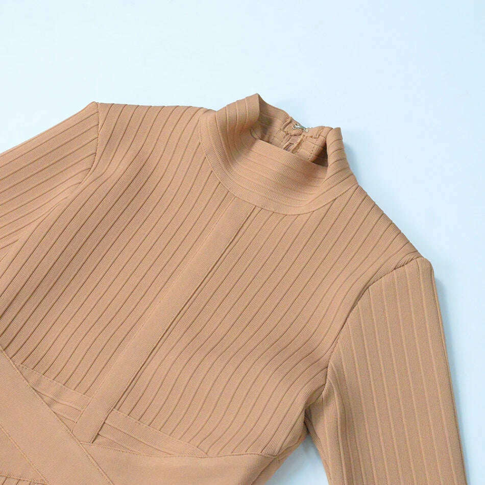 KIMLUD, Free shippin New Arrival 2021 Women Midi Bandage Dress Red Sexy High Neck Long Sleeve Bodycon Bandage Dress Rayon Party Dresses, KIMLUD Womens Clothes