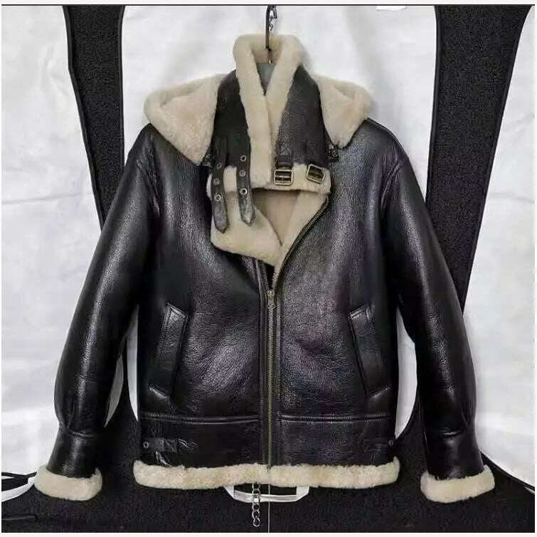 KIMLUD, Free shipping.Men 100% real fur jacket with hat.quality winter warm genuine leather coat.sheepskin wool.Black shearling cloth, black / M, KIMLUD Womens Clothes