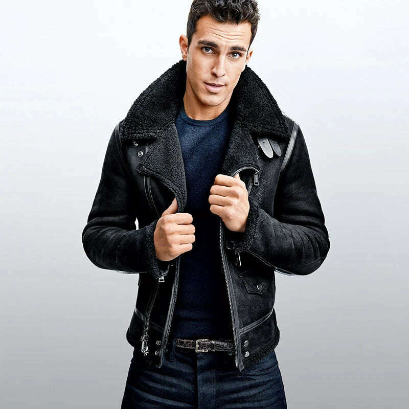 KIMLUD, Free shipping.Winter warm mens wool fur Jacket,Classic Rider vintage genuine Leather jacket.Cool thick sheepskin shearling coat., black / M, KIMLUD APPAREL - Womens Clothes