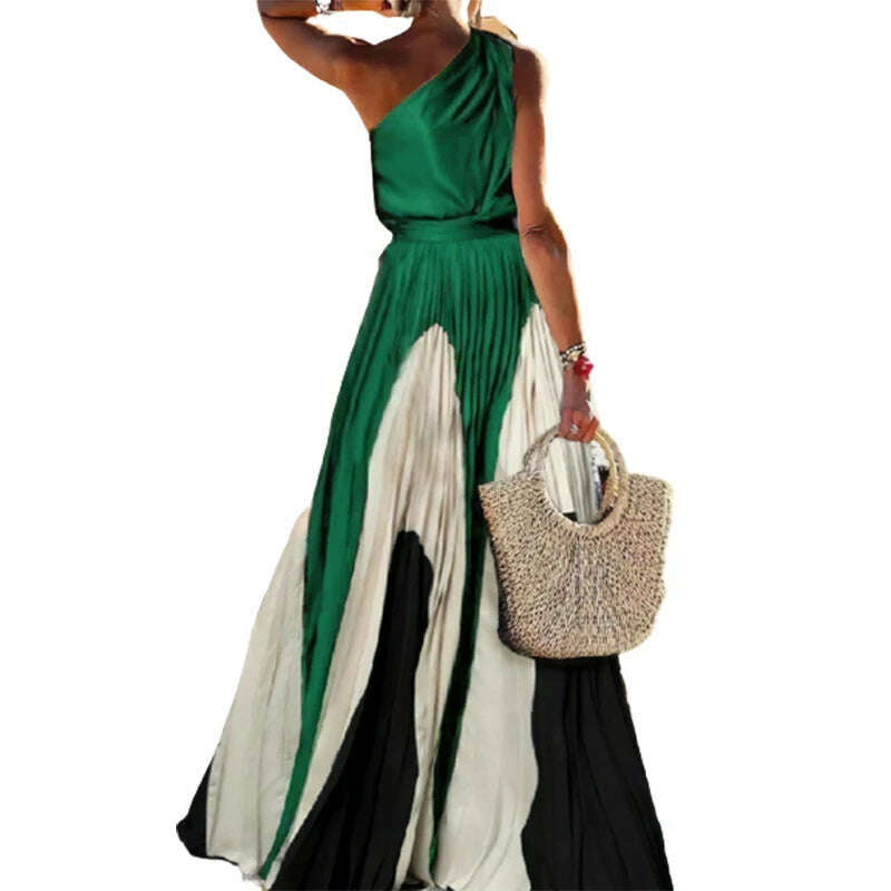 KIMLUD, Freeacy 2023 New Female Printed Elegant Chic A-line Pleated Party Dress Summer One-Shoulder Prom Evening Maxi Dresses For Women, KIMLUD Womens Clothes