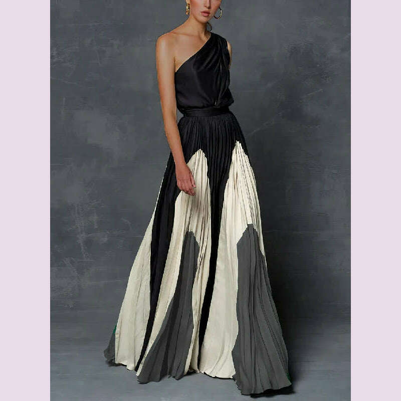KIMLUD, Freeacy 2023 New Female Printed Elegant Chic A-line Pleated Party Dress Summer One-Shoulder Prom Evening Maxi Dresses For Women, black / XL, KIMLUD APPAREL - Womens Clothes