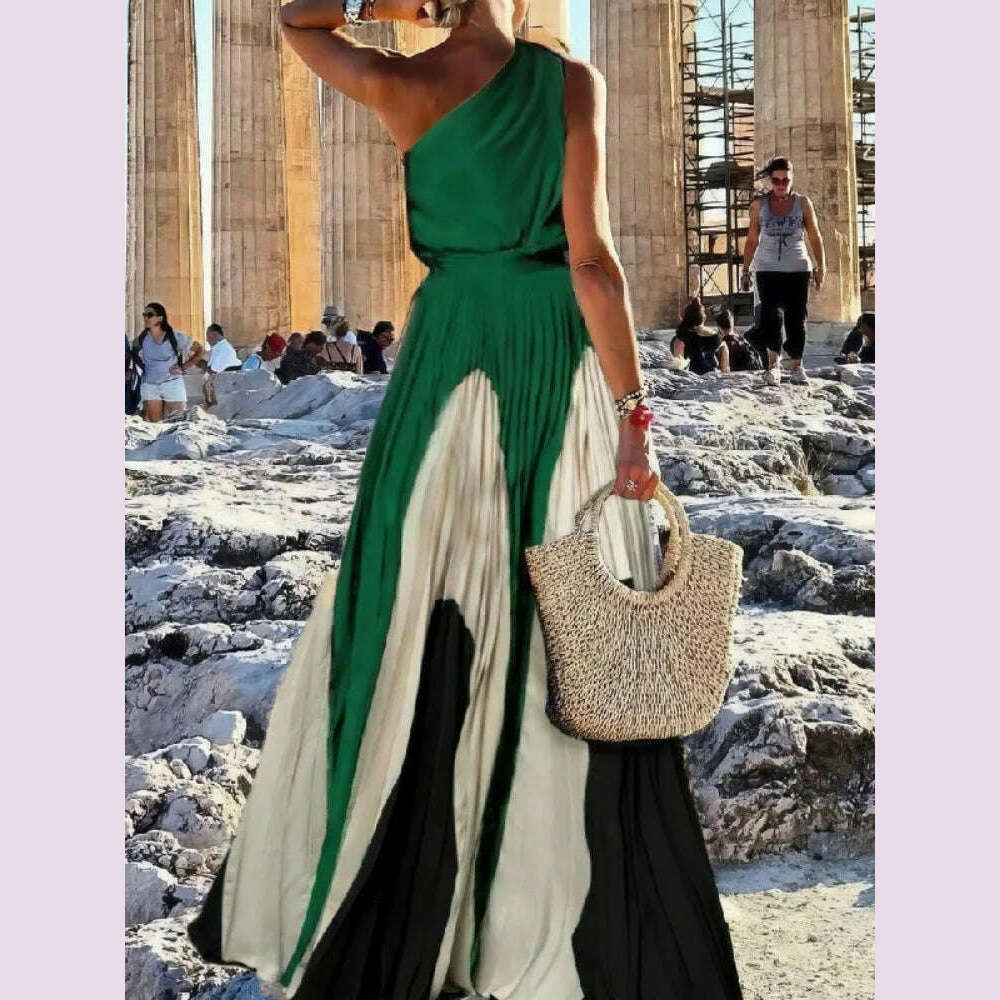 KIMLUD, Freeacy 2024 Fashion Women's Party Dress Sleeveless High Waist Contrast Color Pleated Dress Elegant Maxi Evening Dresses, KIMLUD Womens Clothes