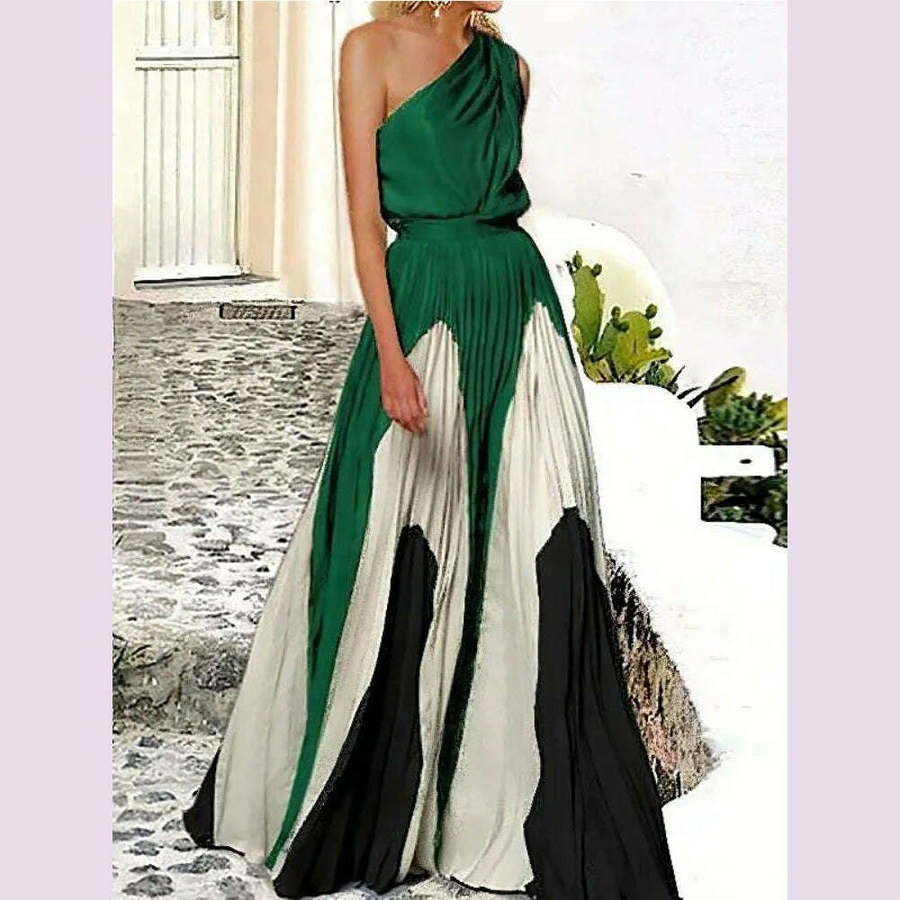 KIMLUD, Freeacy 2024 Fashion Women's Party Dress Sleeveless High Waist Contrast Color Pleated Dress Elegant Maxi Evening Dresses, KIMLUD Womens Clothes