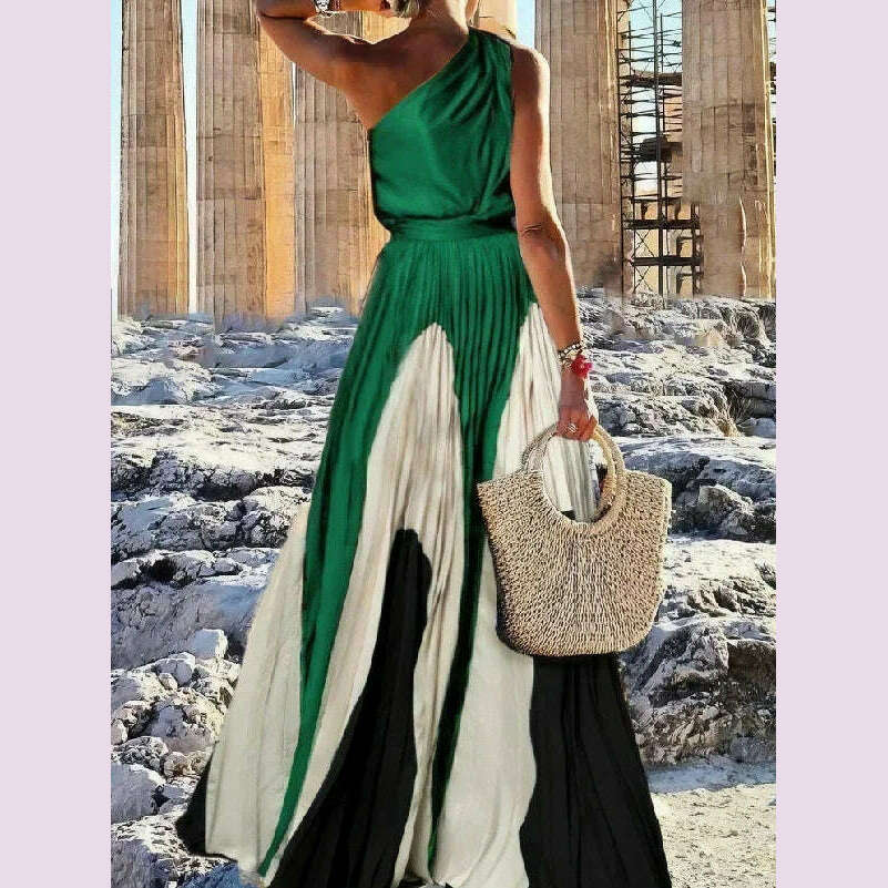 KIMLUD, Freeacy 2024 Fashion Women's Party Dress Sleeveless High Waist Contrast Color Pleated Dress Elegant Maxi Evening Dresses, KIMLUD Womens Clothes