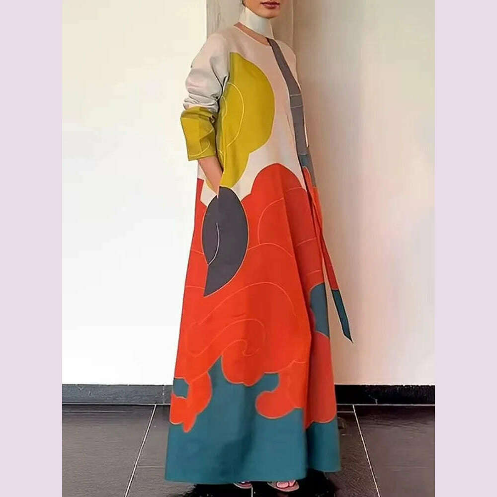 KIMLUD, Freeacy 2025 Spring Stylish Dress for Women Contrast Color Long Sleeves Loose Fit Maxi Dress with Scarf Casual Party Dresses, KIMLUD Womens Clothes