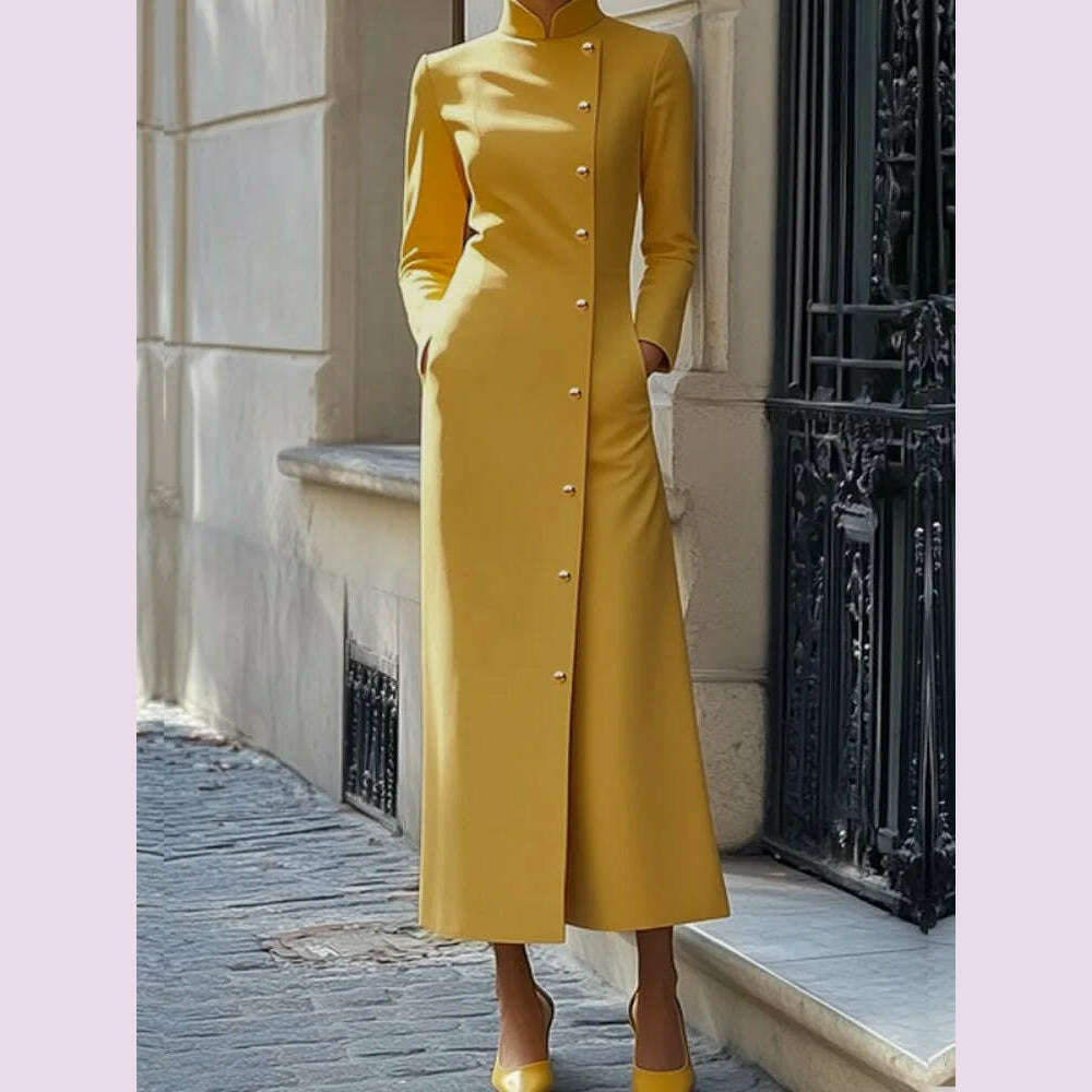 Freeacy Solid Color Dress for Women Stand Collar Long Sleeves Single-b Freeacy Solid Color Dress for Women Stand Collar Long Sleeves Single-b