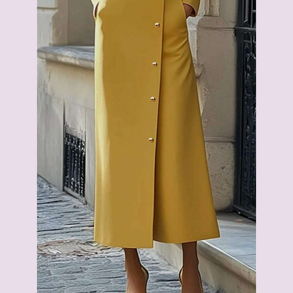 Freeacy Solid Color Dress for Women Stand Collar Long Sleeves Single-breasted H-Line Midi Dress Autumn Fashion High Street Dress - KIMLUD