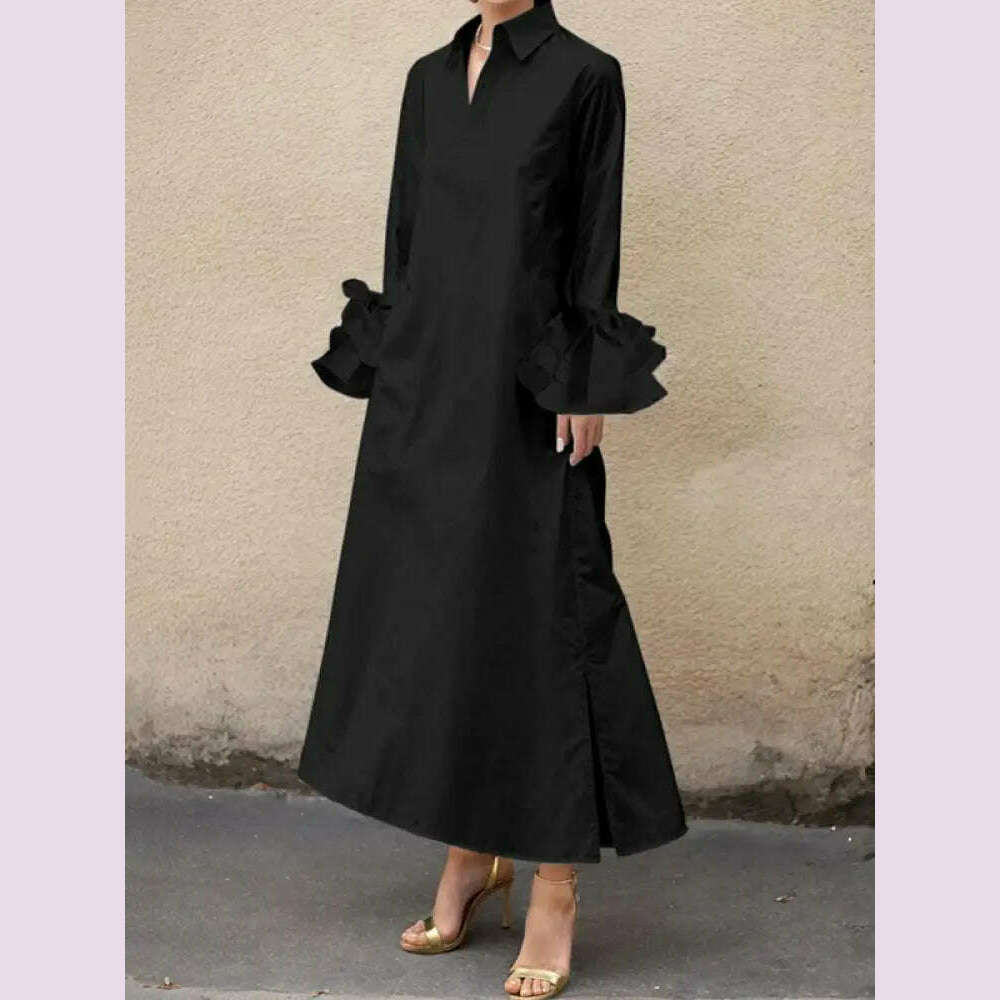 Freeacy Summer Solid Color Women's Dress Lapel Collar Flare Sleeve Loose Fit Shirt Dress Casual Streetwear Maxi Dress for Female - KIMLUD