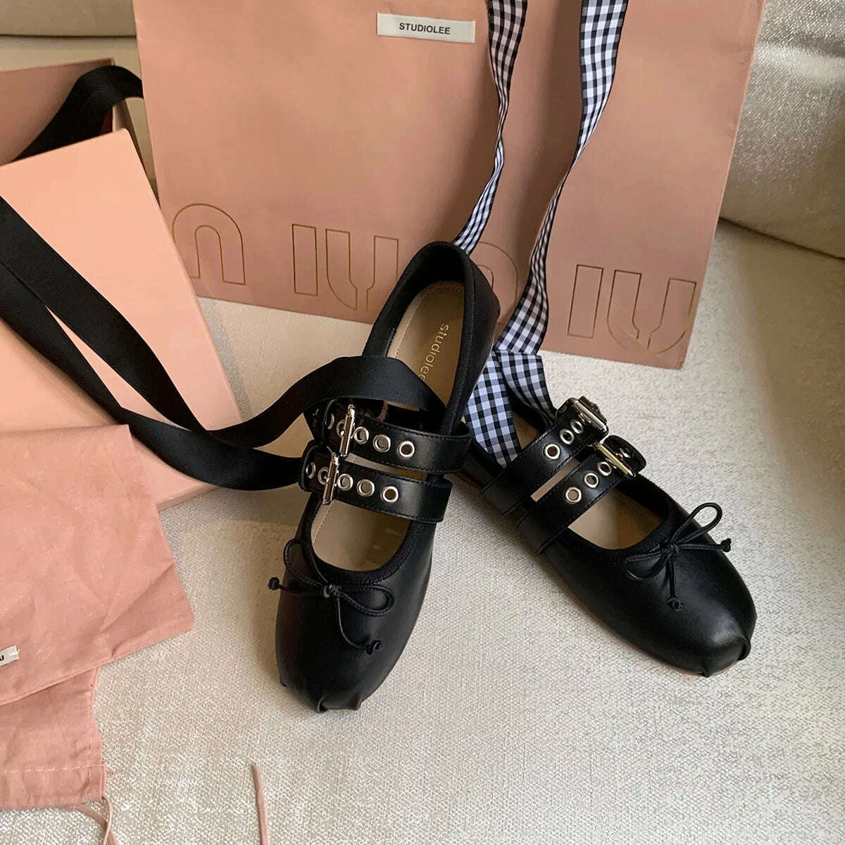 KIMLUD, French ballerina ballet flats women's soft leather bow lace-up shallow Metallic belt trim car stitching cross straps belt buckle, KIMLUD Womens Clothes