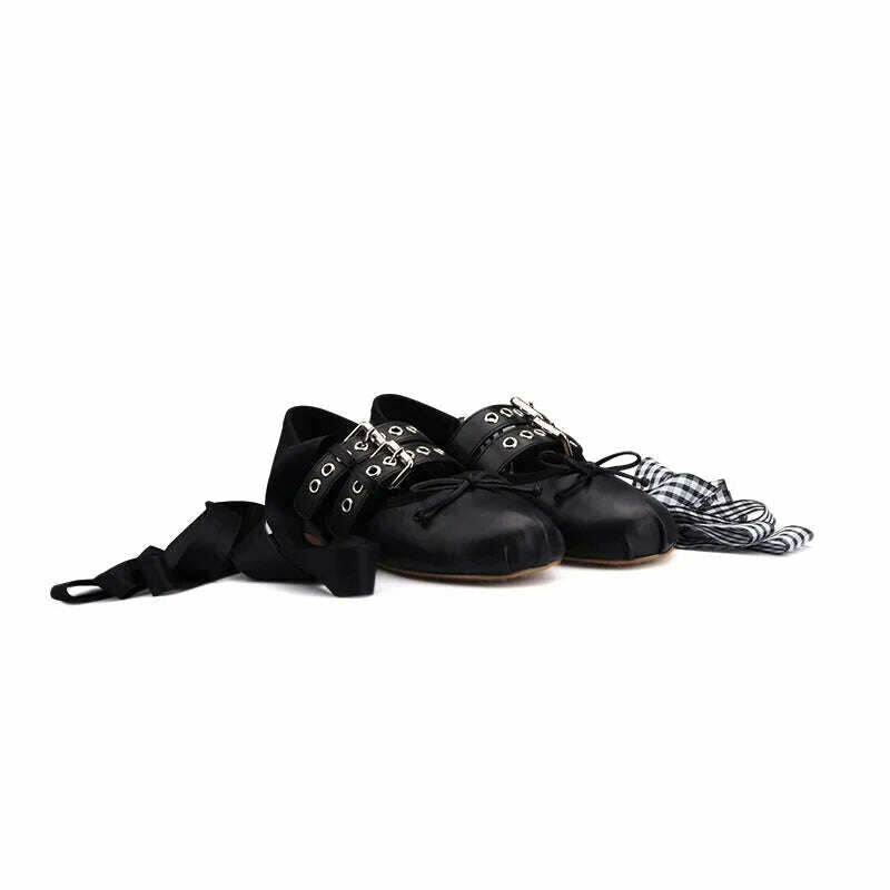 KIMLUD, French ballerina ballet flats women's soft leather bow lace-up shallow Metallic belt trim car stitching cross straps belt buckle, KIMLUD Womens Clothes