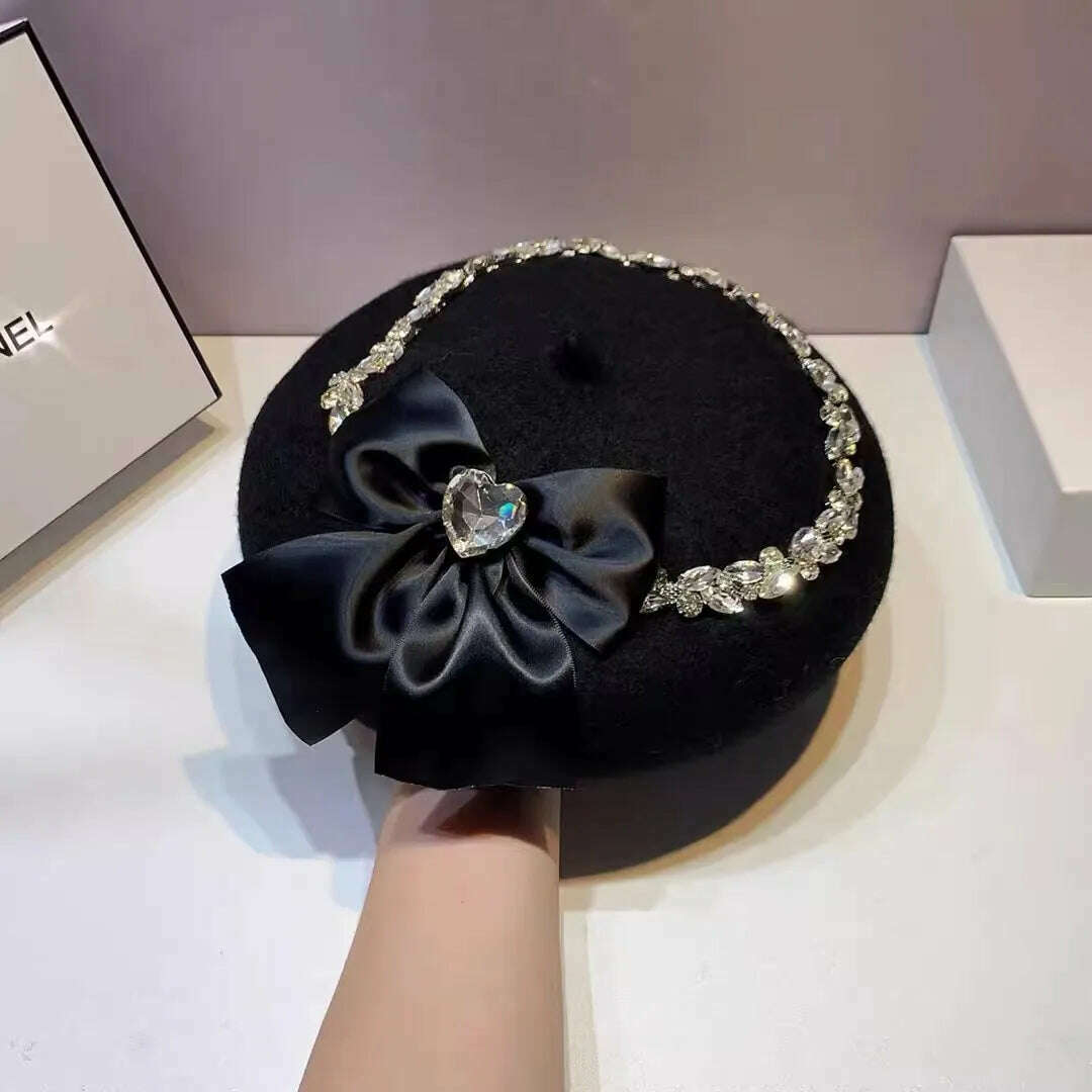 KIMLUD, French Brand Beret Women Hats Warm Wool Retro Metal Crystal Decoration Ladies Hat Female Street Wild Casual Beanie Girl Cap, Black, KIMLUD APPAREL - Womens Clothes