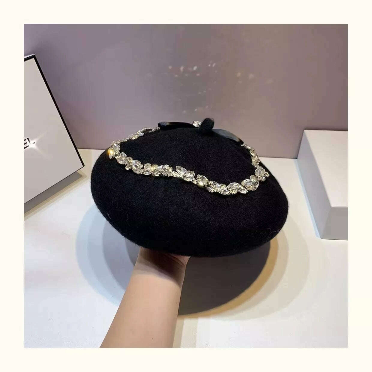 KIMLUD, French Brand Beret Women Hats Warm Wool Retro Metal Crystal Decoration Ladies Hat Female Street Wild Casual Beanie Girl Cap, KIMLUD Womens Clothes