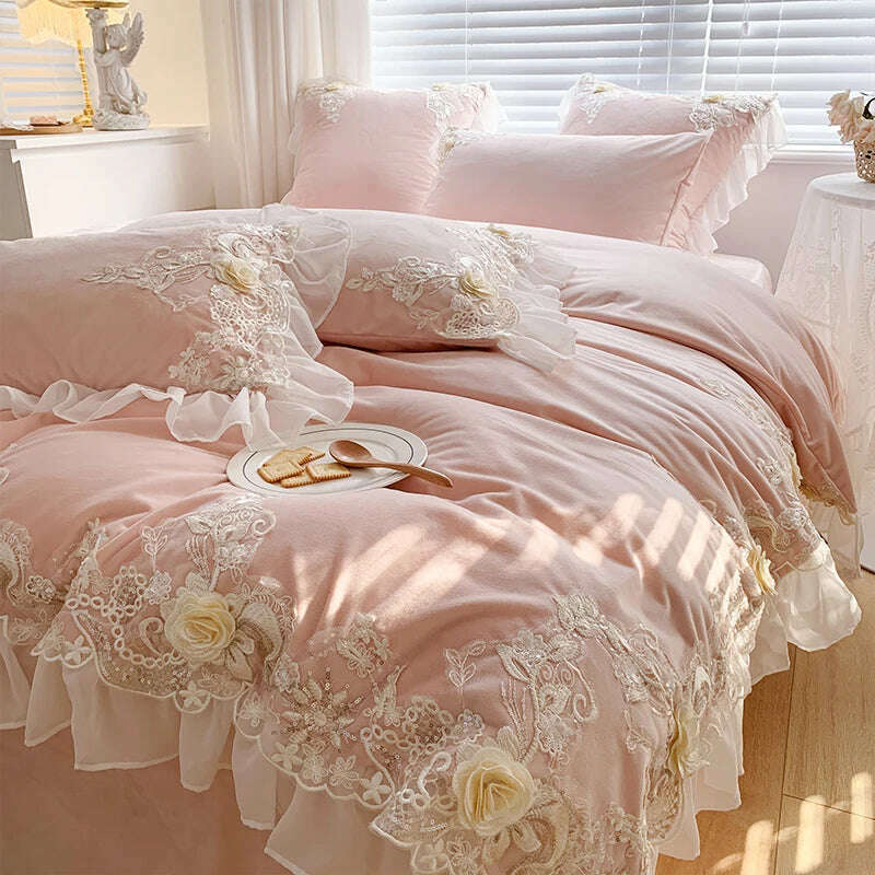 KIMLUD, French high-end lace princess wind milk velvet four-piece winter thick quilt cover warm quality bedding set luxury, KIMLUD Womens Clothes