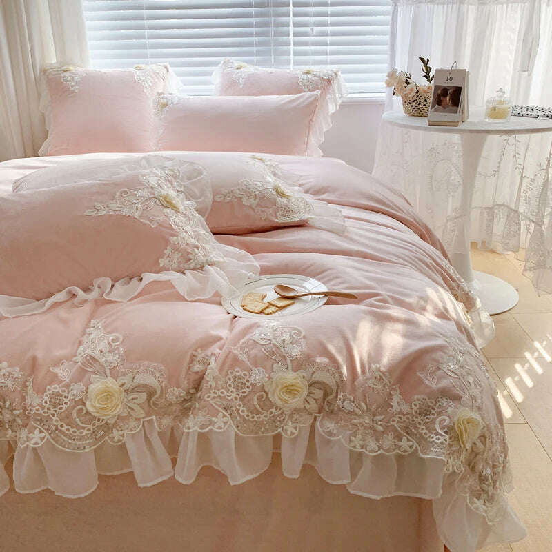 KIMLUD, French high-end lace princess wind milk velvet four-piece winter thick quilt cover warm quality bedding set luxury, B / 1.8m bed / Bed sheet, KIMLUD APPAREL - Womens Clothes