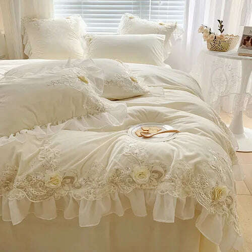 KIMLUD, French high-end lace princess wind milk velvet four-piece winter thick quilt cover warm quality bedding set luxury, A / 1.8m bed / Bed sheet, KIMLUD APPAREL - Womens Clothes