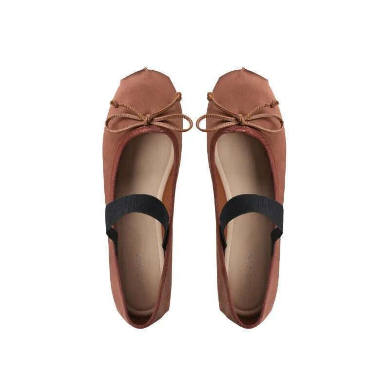 KIMLUD, French Rretro Bow Shoes for Ballet Flats French Ballerina ballet Flats women's soft Satin Silk shallow cross straps Belt Elastic, Dark Brown / 33, KIMLUD APPAREL - Womens Clothes
