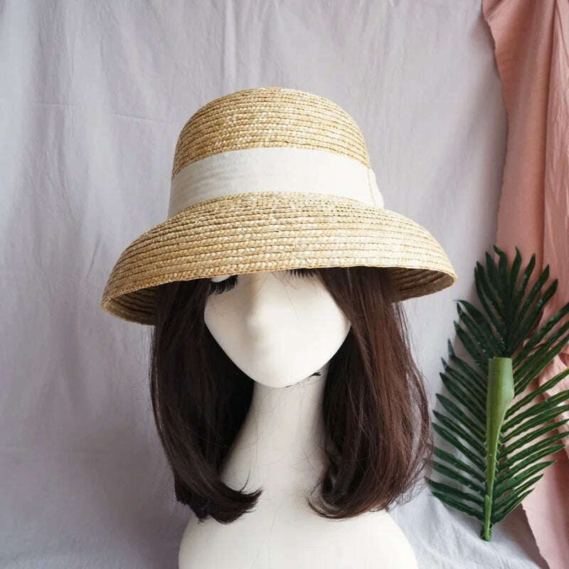 KIMLUD, French Style Cloche Straw Hats for Women Summer Hat Dome Sun Hat Straw Fedoras with White Black Band Ladies Beach Hat Travel, KIMLUD Womens ClothesKIMLUD, French Style Cloche Straw Hats for Women Summer Hat Dome Sun Hat Straw Fedoras with White Black Band Ladies Beach Hat Travel, White band 01, KIMLUD APPAREL - Womens Clothes