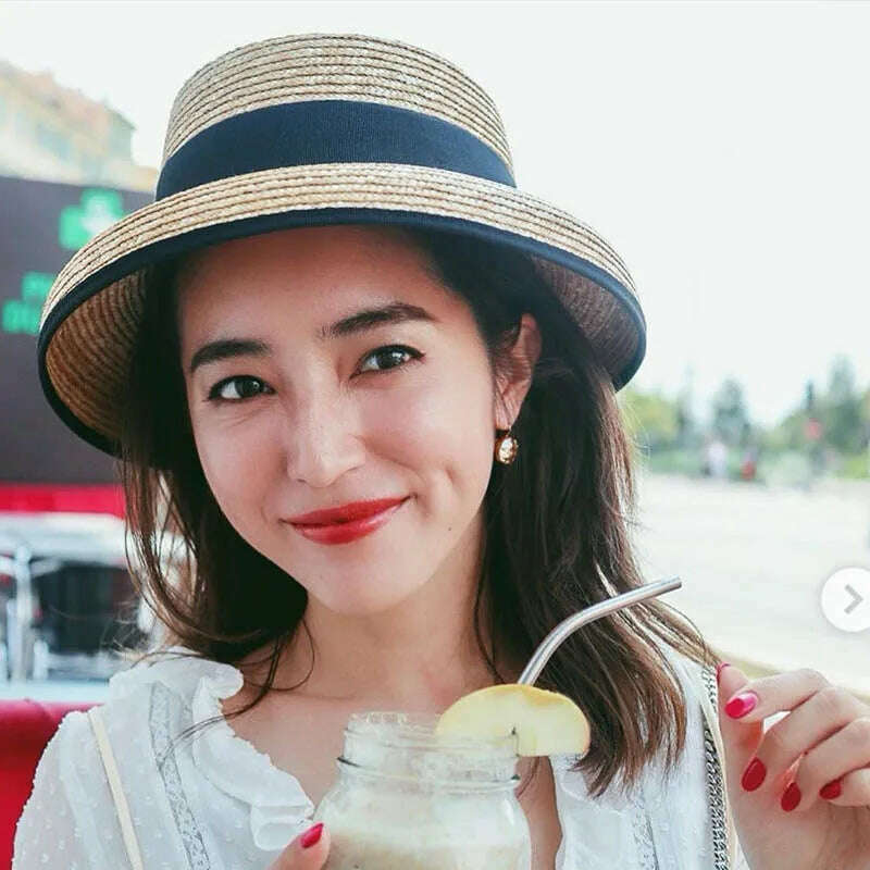 KIMLUD, French Style Cloche Straw Hats for Women Summer Hat Dome Sun Hat Straw Fedoras with White Black Band Ladies Beach Hat Travel, KIMLUD Womens Clothes