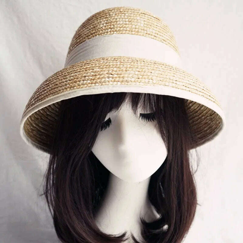 KIMLUD, French Style Cloche Straw Hats for Women Summer Hat Dome Sun Hat Straw Fedoras with White Black Band Ladies Beach Hat Travel, KIMLUD Womens Clothes