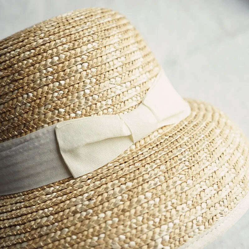 KIMLUD, French Style Cloche Straw Hats for Women Summer Hat Dome Sun Hat Straw Fedoras with White Black Band Ladies Beach Hat Travel, KIMLUD Womens Clothes