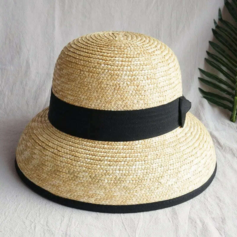 KIMLUD, French Style Cloche Straw Hats for Women Summer Hat Dome Sun Hat Straw Fedoras with White Black Band Ladies Beach Hat Travel, KIMLUD Womens Clothes