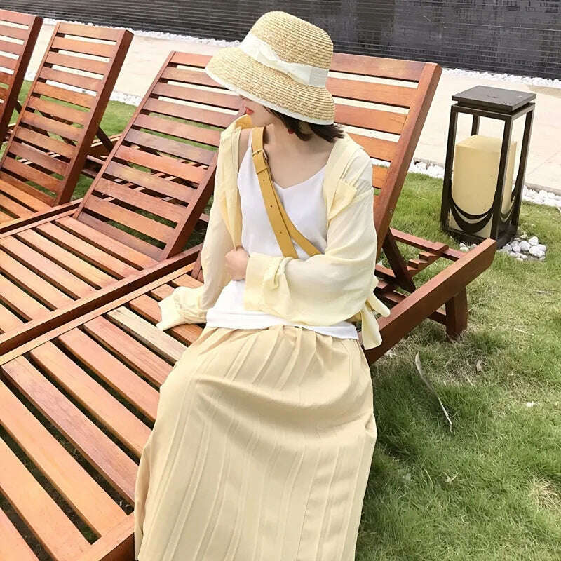 KIMLUD, French Style Cloche Straw Hats for Women Summer Hat Dome Sun Hat Straw Fedoras with White Black Band Ladies Beach Hat Travel, KIMLUD Womens Clothes