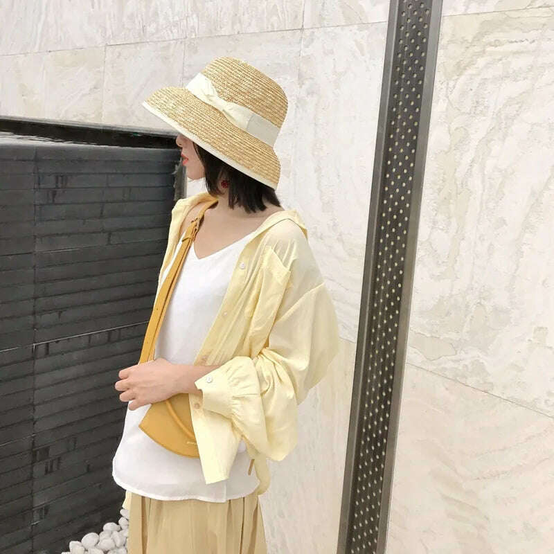 KIMLUD, French Style Cloche Straw Hats for Women Summer Hat Dome Sun Hat Straw Fedoras with White Black Band Ladies Beach Hat Travel, KIMLUD Womens Clothes