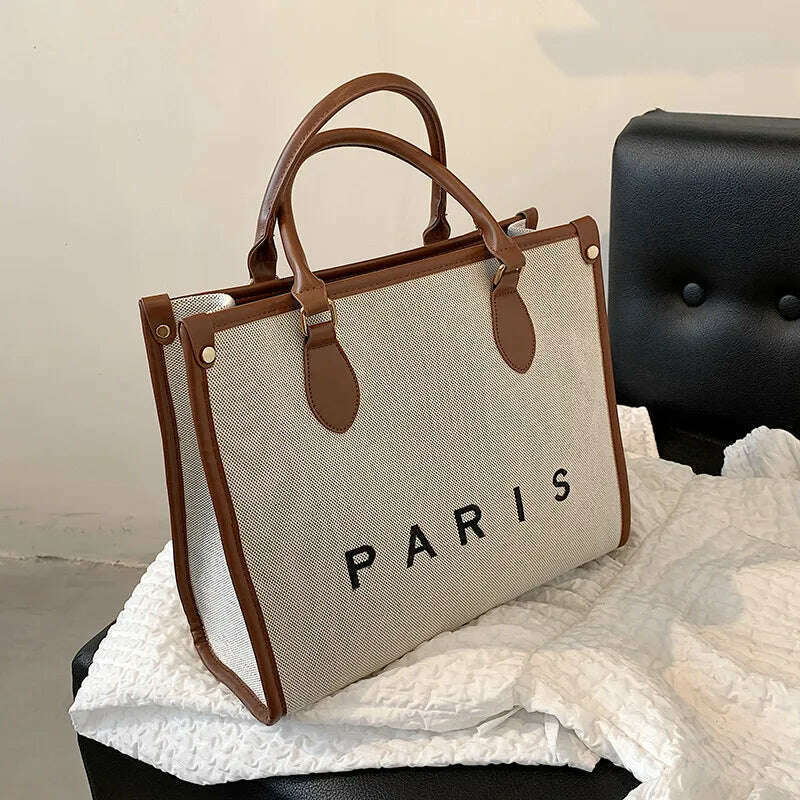 KIMLUD, French Style Letters Canvas Large Work Tote Handbags For Women 2022 Trend Fashion Design Small Ladies Shoulder Crossbody Bags, Brown Large, KIMLUD APPAREL - Womens Clothes