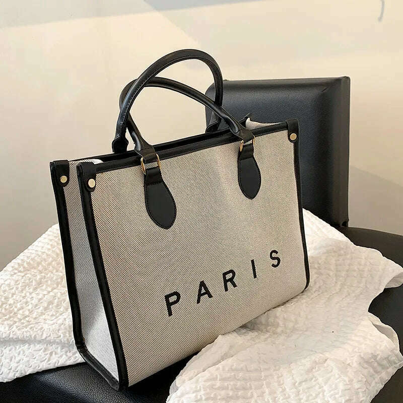 KIMLUD, French Style Letters Canvas Large Work Tote Handbags For Women 2022 Trend Fashion Design Small Ladies Shoulder Crossbody Bags, Black Large, KIMLUD APPAREL - Womens Clothes