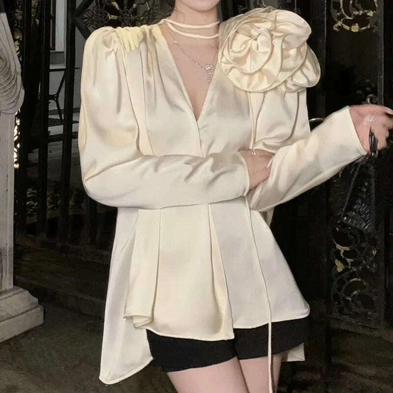 KIMLUD, French style retro fashion three-dimensional flower decoration V-neck shirt 2023 spring high blusas, KIMLUD Womens Clothes