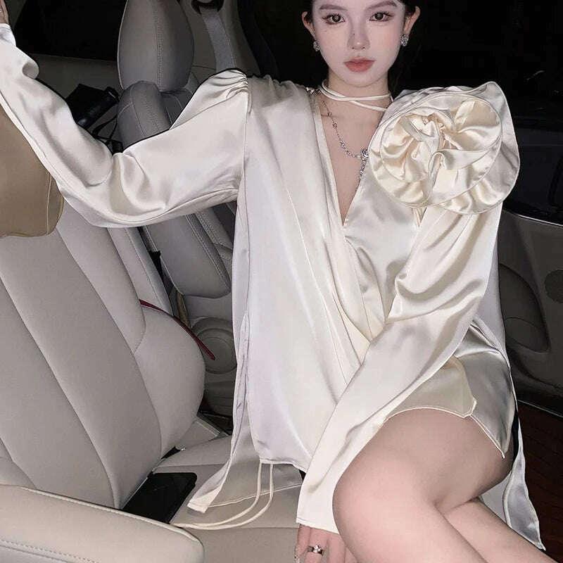 KIMLUD, French style retro fashion three-dimensional flower decoration V-neck shirt 2023 spring high blusas, KIMLUD Womens Clothes