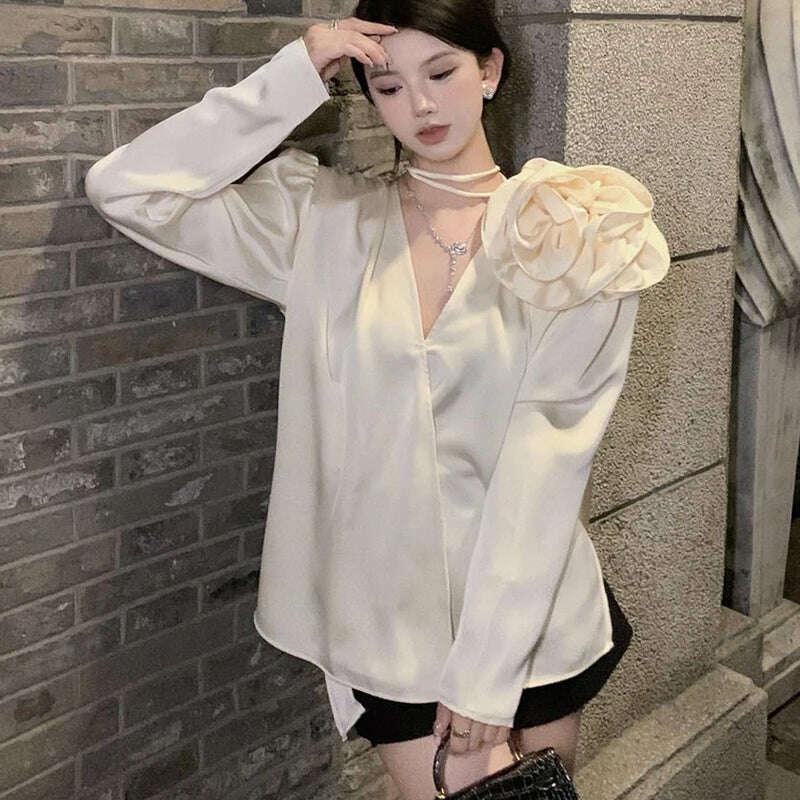 KIMLUD, French style retro fashion three-dimensional flower decoration V-neck shirt 2023 spring high blusas, KIMLUD Womens Clothes